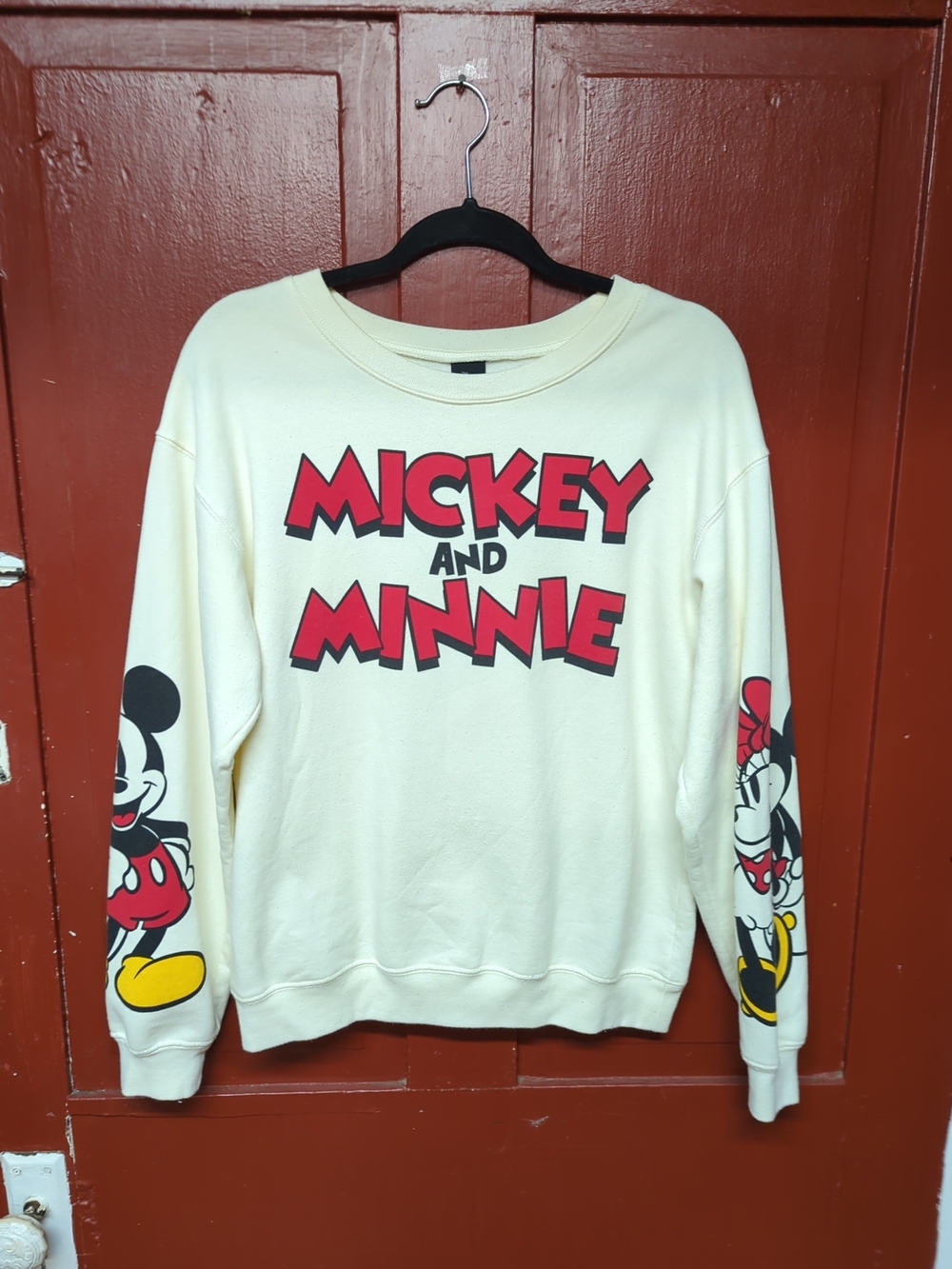 Disney Cream Crewneck Sweatshirt with Red Mickey & Minnie Graphics